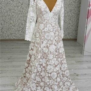 Abbey —Deep V cut Long Sleeve Floral Wedding Gown